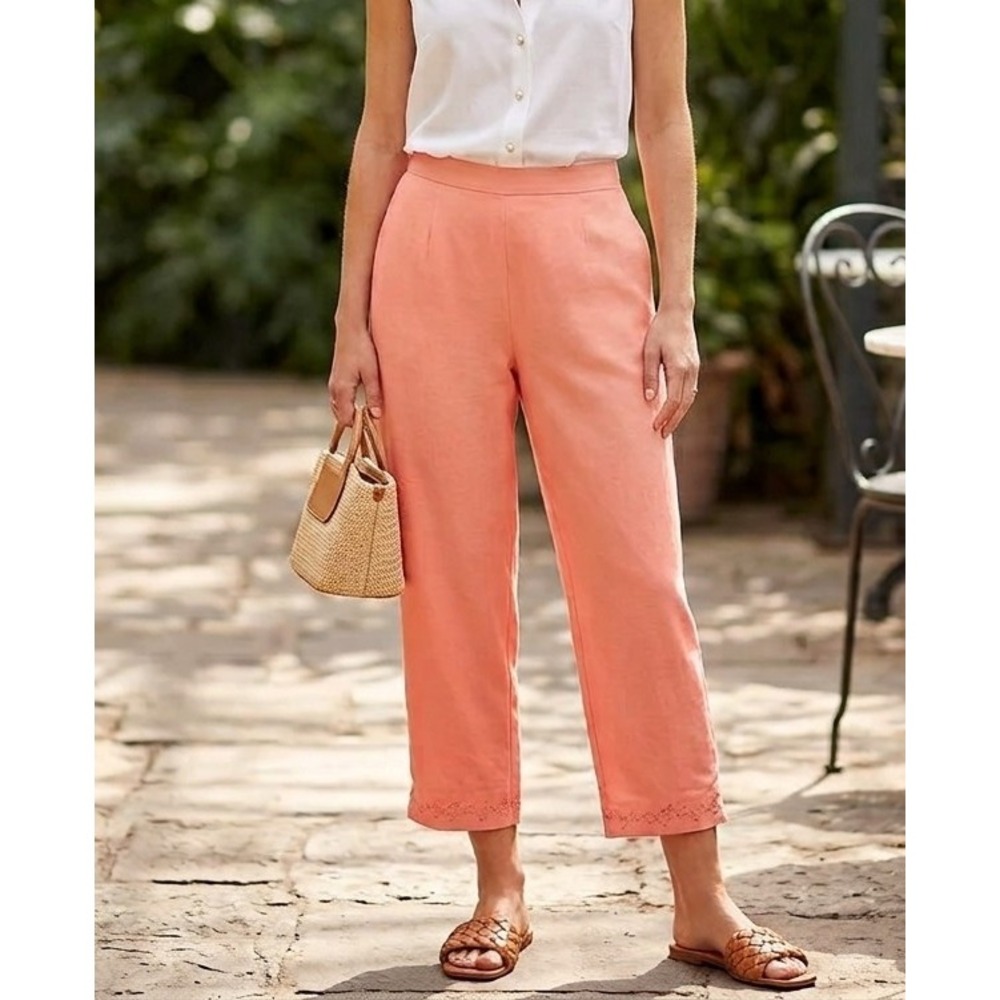 Dressbarn L Peach Pink Silk Linen Blend Embroidered Hem Cropped Pants Coastal